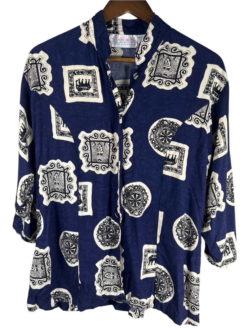 VTG 90s Passports Pier 1 Navy Elephant Medallion Blouse Sz L Boho Lagenlook